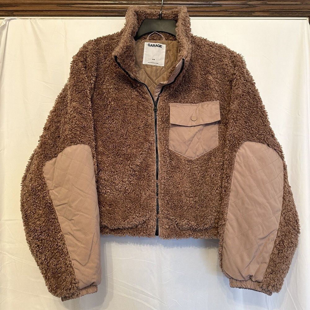 Garage Jacket Teddy Coat Womens Size Small Taupe Beige Cropped Zip Up Jacket